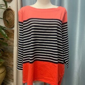 Talbots Coral and Black Striped Long Sleeve Top